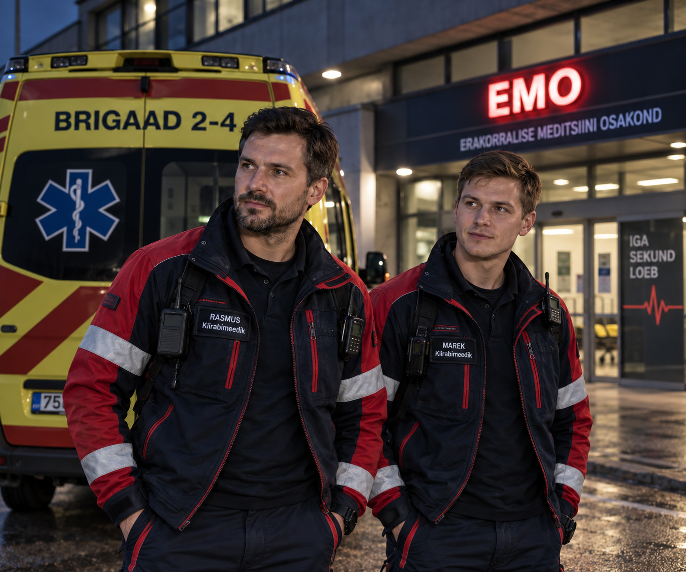 Rasmus ja Marek EMO ees Brigaad 2-4 kiirabiauto juures